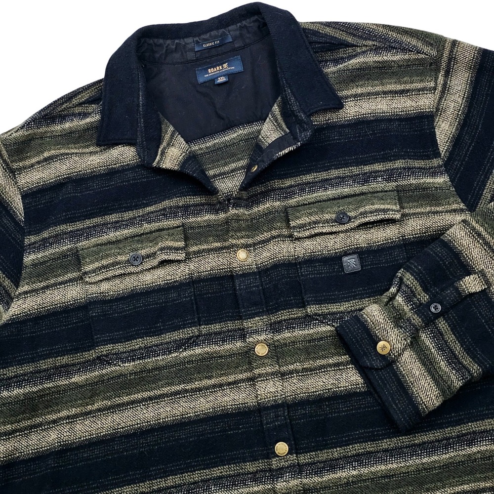 Roark Nordsman Flannel Shirt Mens XXL Green Black Striped Elbow Patch Cabincore